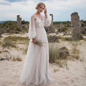 White lace/embroidered long sleeve bridal maternity flowy gown